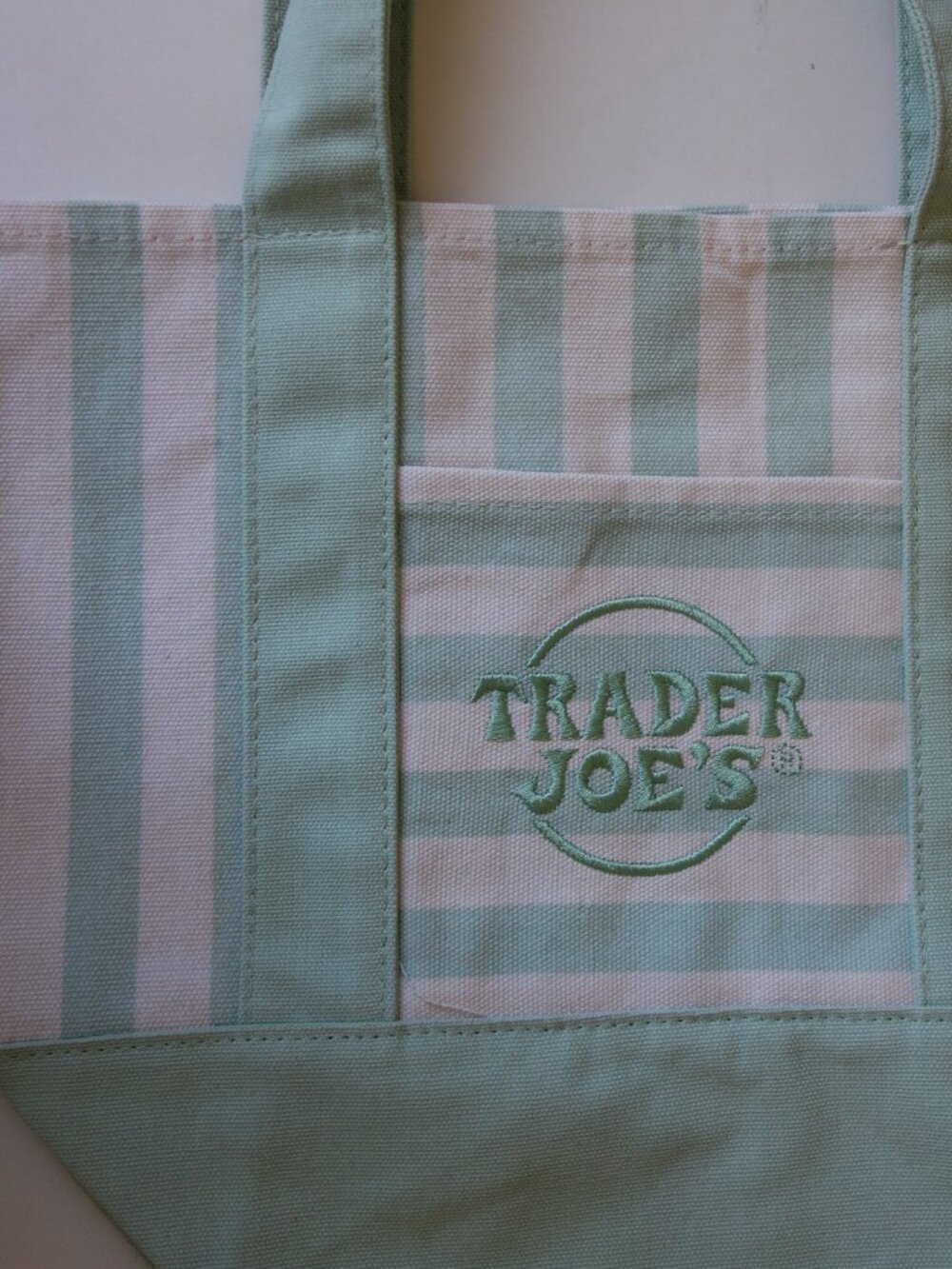TRADER JOE'S 2026 Cream/ Green Striped Mini Tote Bag 65% Cotton 35% Polyester
